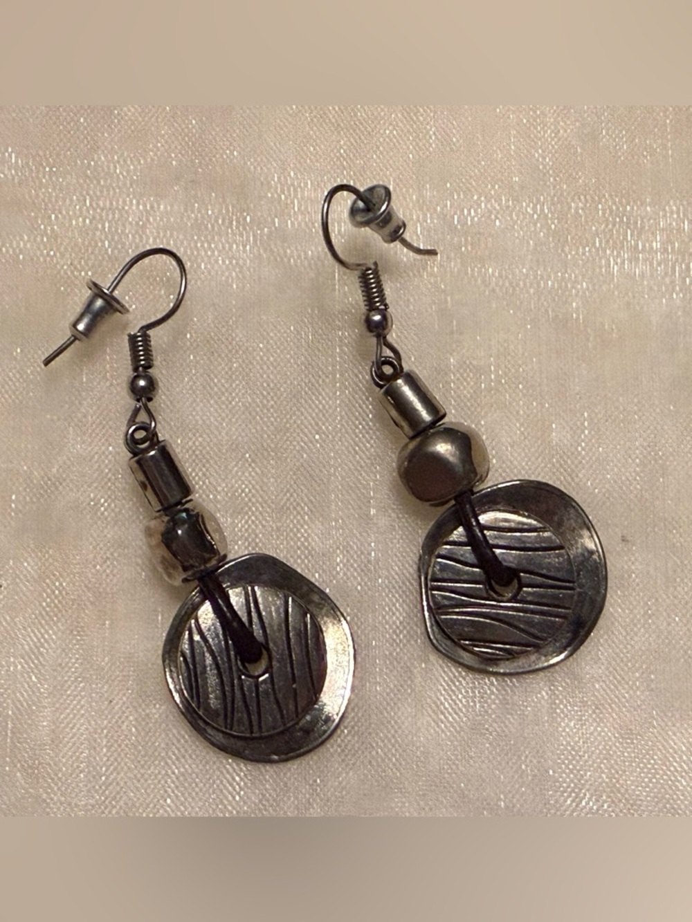 Textured Round Drop Earrings in Gunmetal with Leather Rope